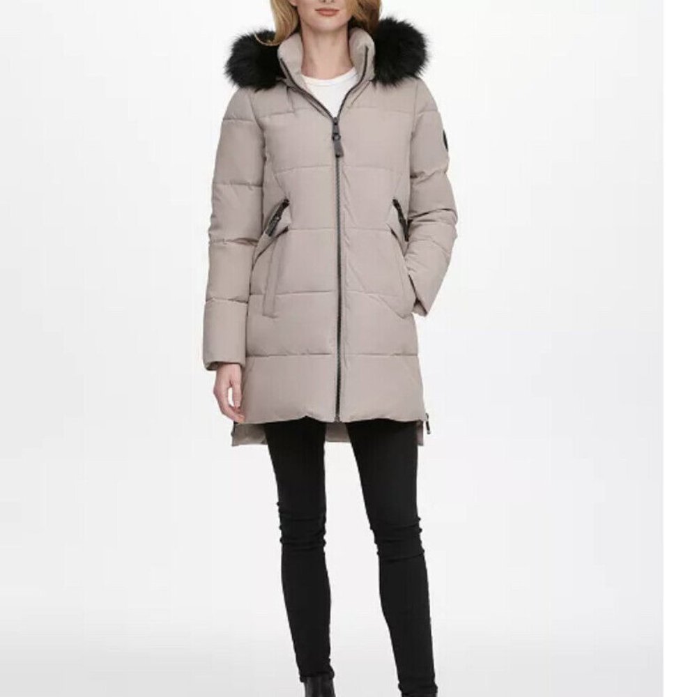 DKNY Faux-Fur-Trim Hooded Puffer Coat XXL Beige